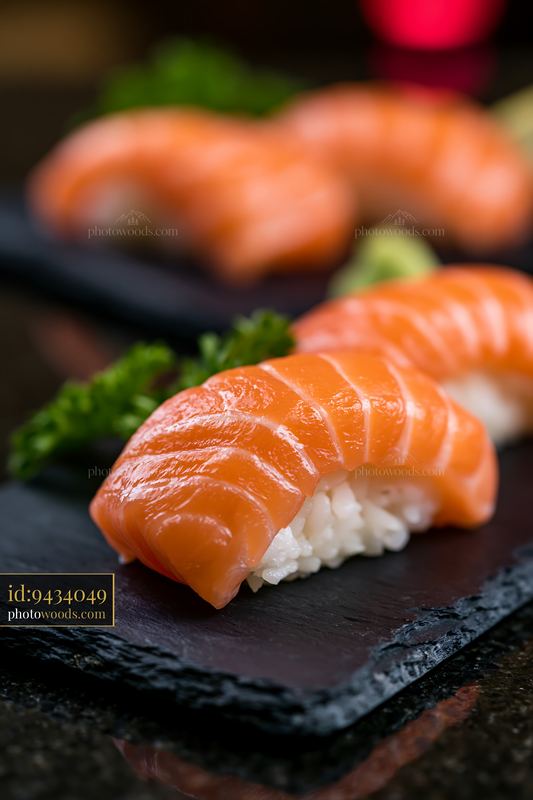 Single salmon nigiri served on a slate plate