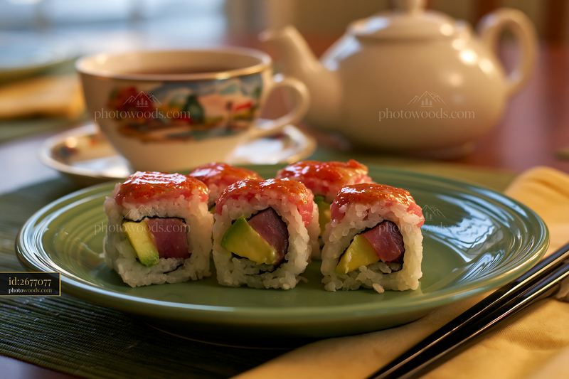Single spicy tuna roll piece on a green plate with a cup and teapot