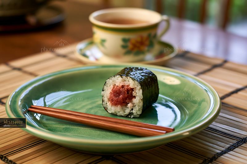Delicious single spicy tuna roll piece on a green plate