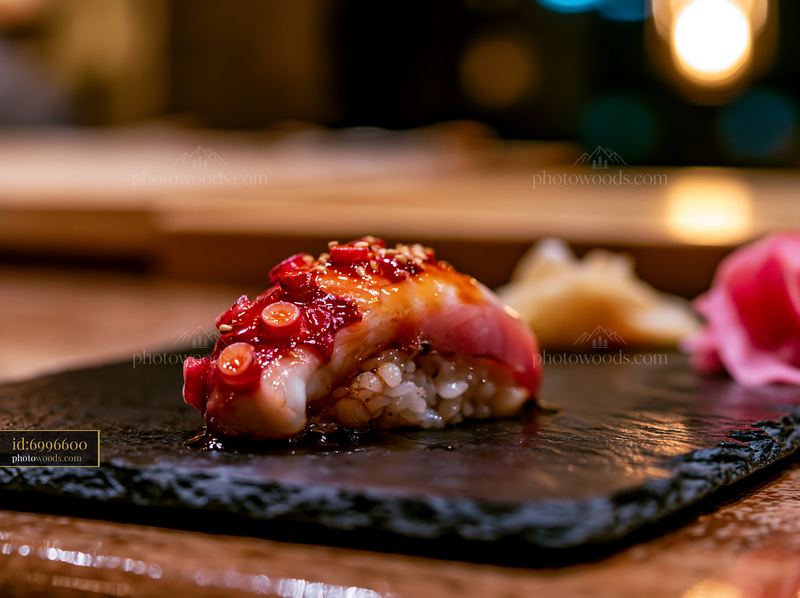 Single sushi piece on black slate
