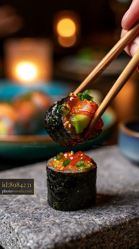 Sushi piece held with chopsticks over stone surface