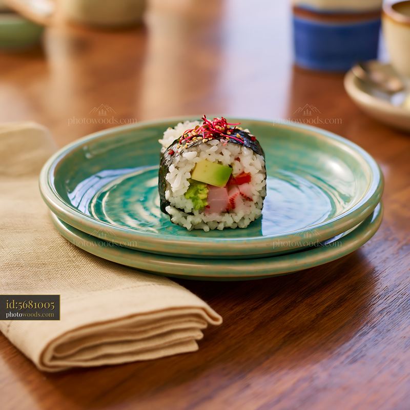 Single sushi roll on ceramic plate placed on wooden table