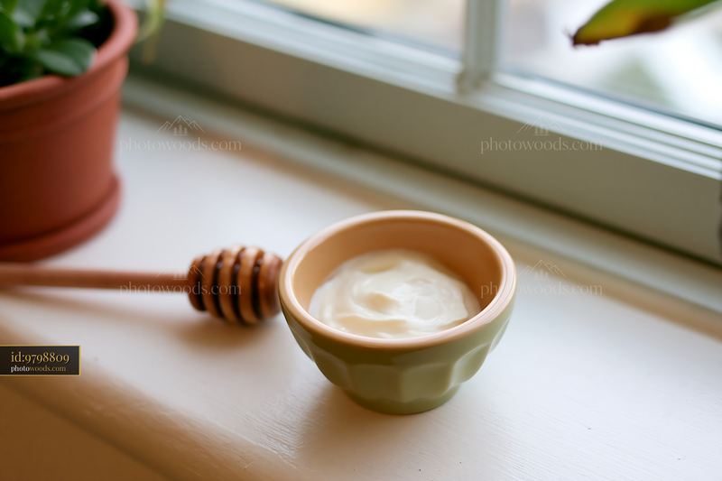 Cream dose beside honey dipper on window sill