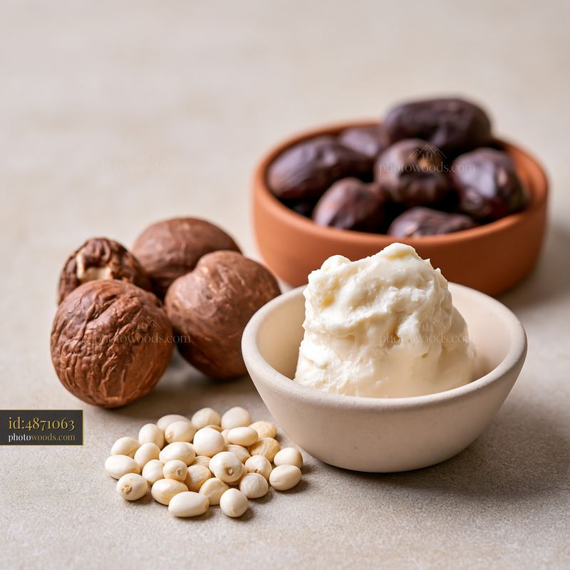 Natural skincare ingredients in a bowl and on a surface
