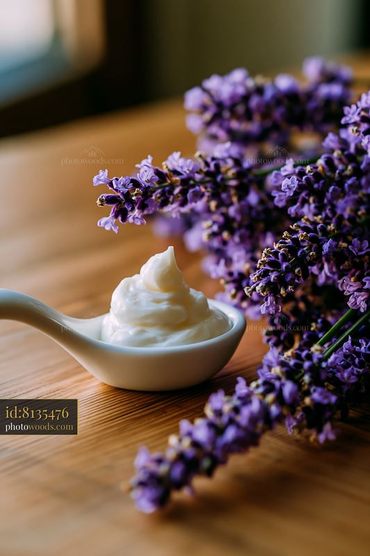 Cream dose with lavender flowers on wooden table