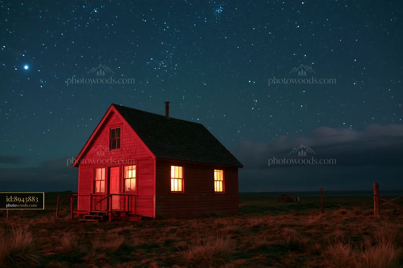 Isolated cabin under a starry sky with glowing windows
