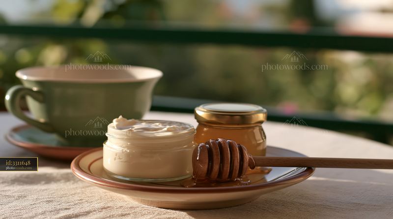 Cream dose beside honey dipper on a table with a cup