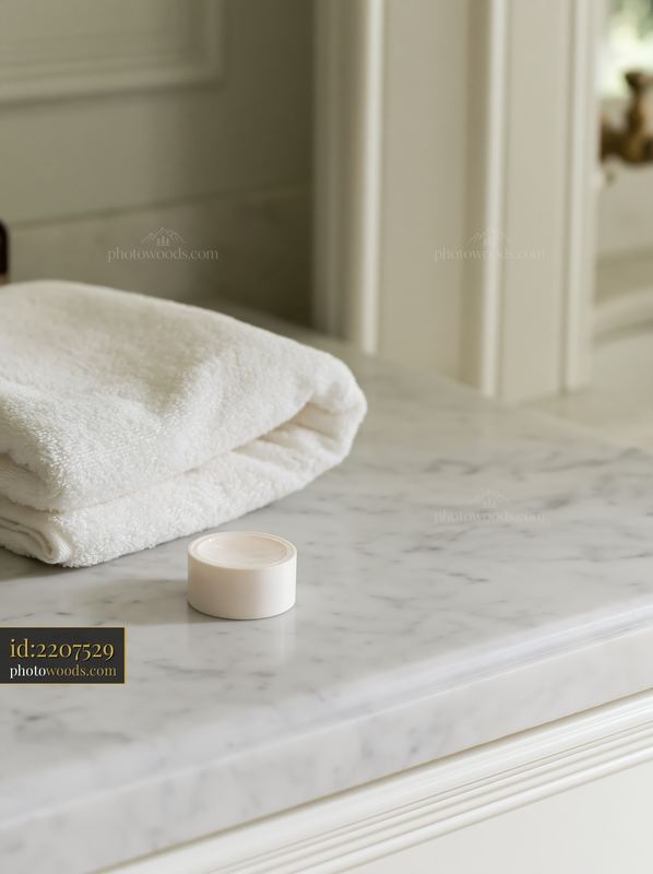 Cream dose on marble countertop with rolled towels nearby