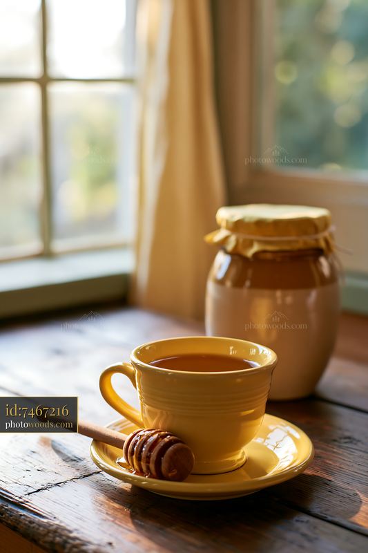 Cream dose beside honey dipper on wooden table near window
