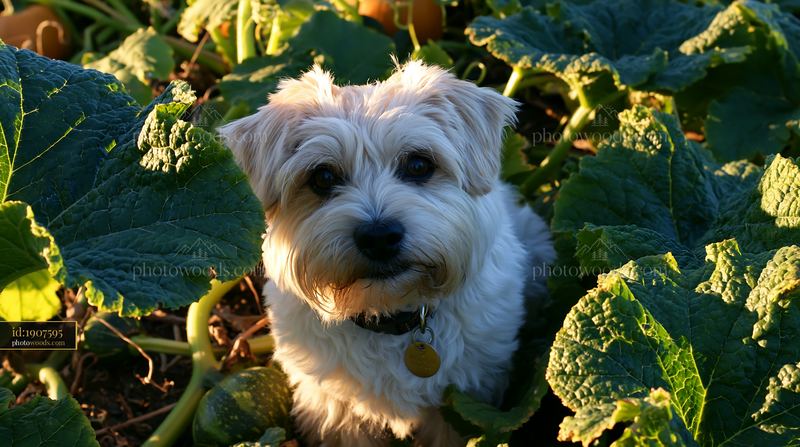 Rare dog breed resting among green plants in a garden setting