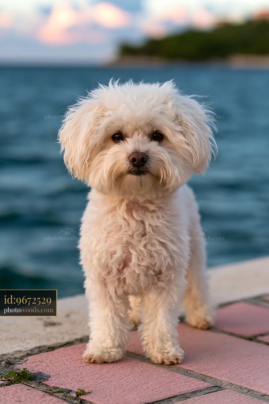 Rare dog breed near seaside with waves and calm shoreline