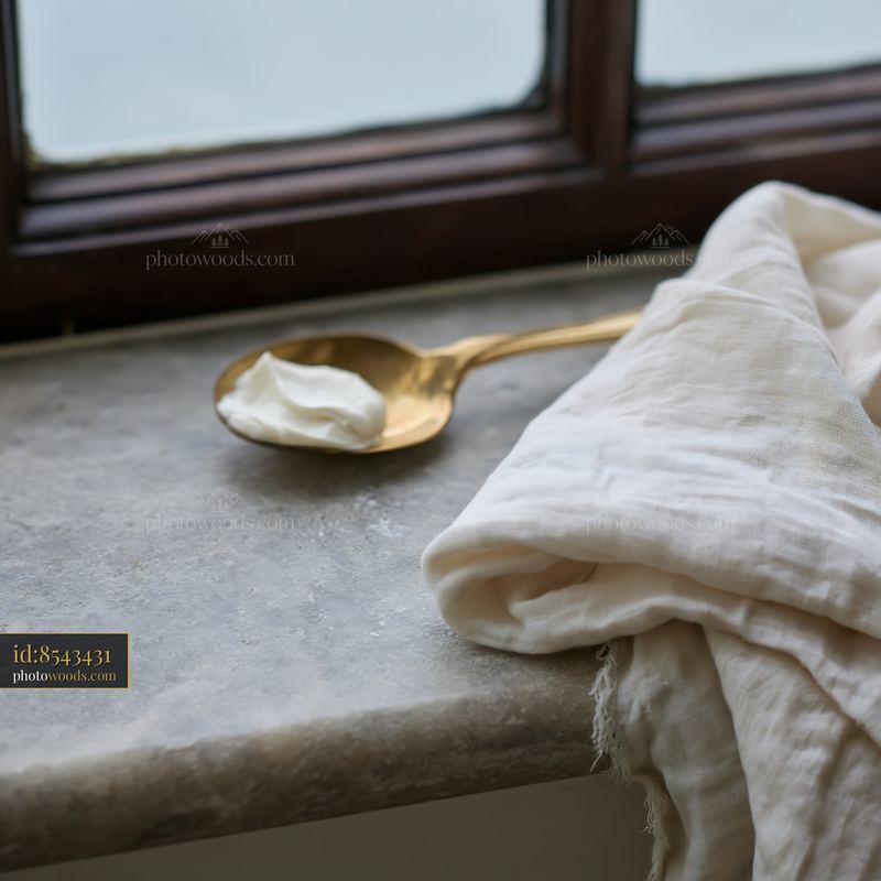 Cream dose with cream-colored fabric on a window sill
