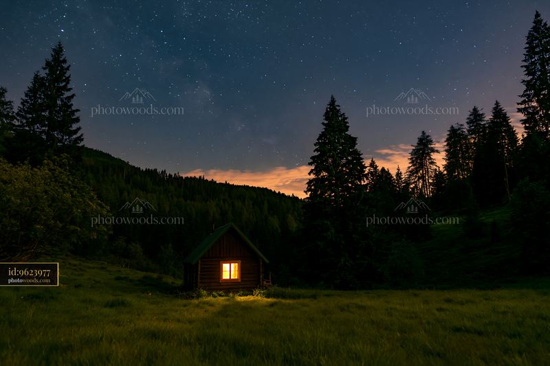 Small home beneath stars in the wilderness at night