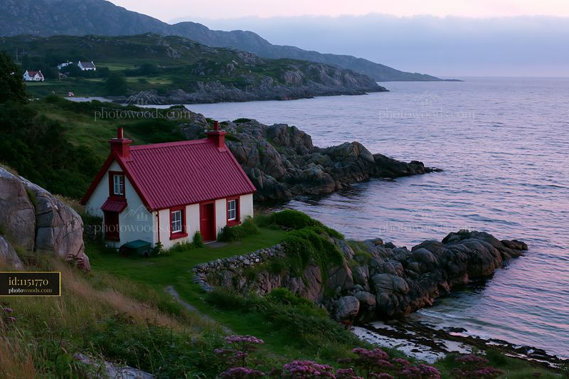 Coastline with sheltered bay and a small red-roofed house