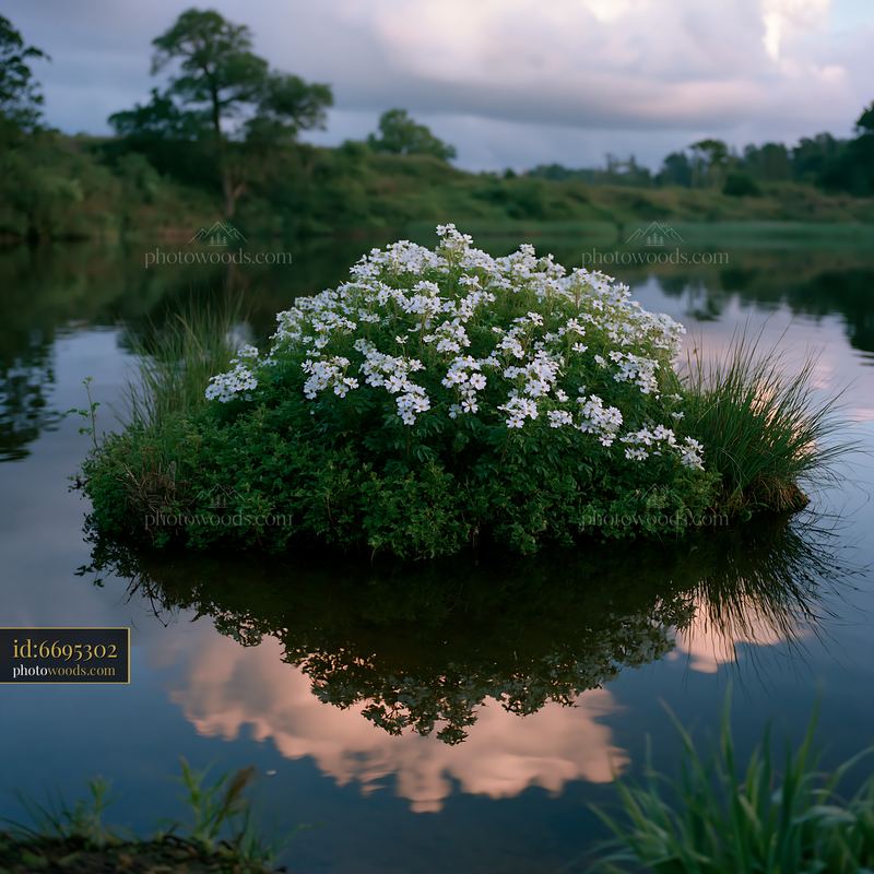 Island with flowers under a cloudy sky reflected in water