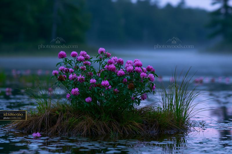 Island with flowers surrounded by water after rain