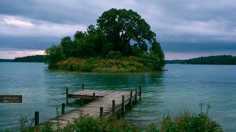 Island with flowers under a cloudy sky near a wooden dock