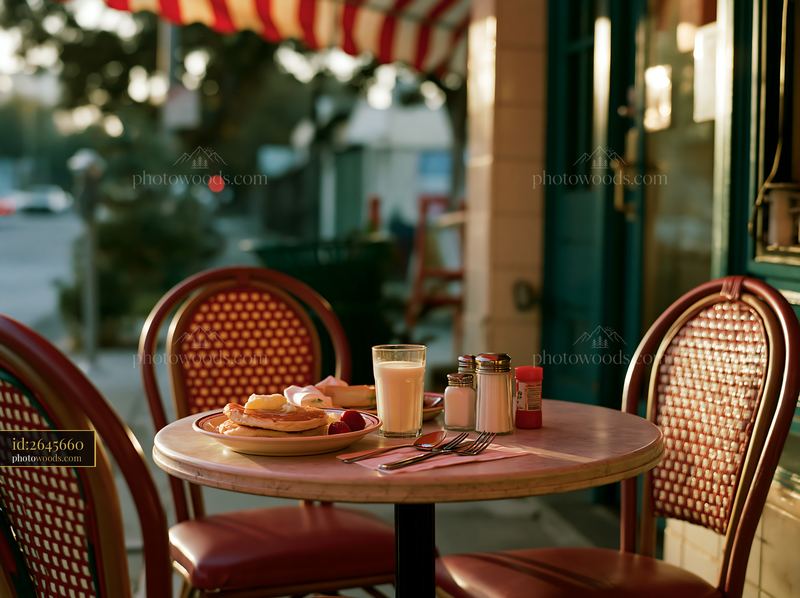 Street breakfast with pancakes and a glass of milk on a table