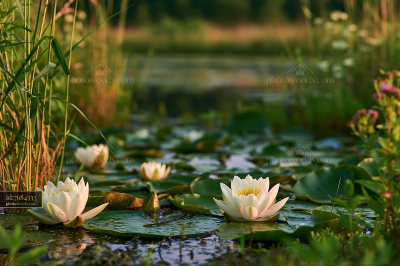 Small pond with white water lilies in natural setting