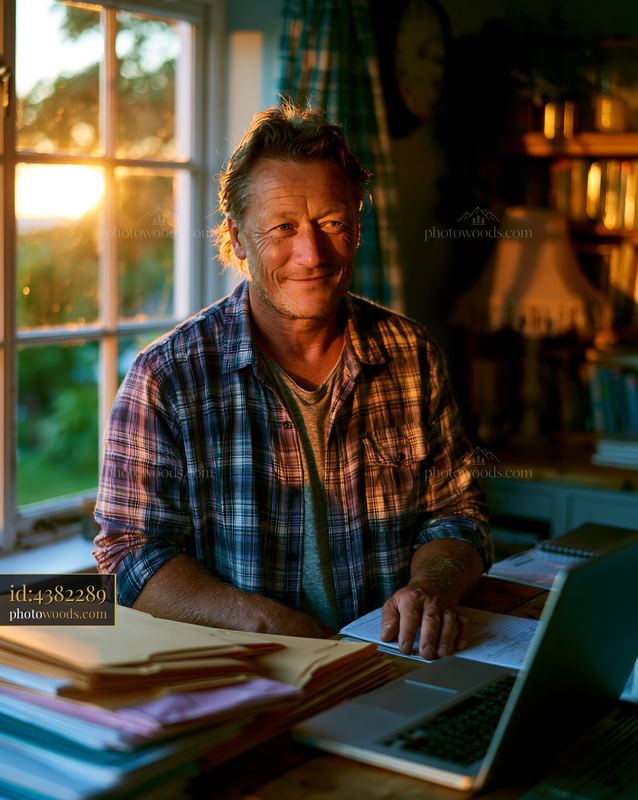 Smiling man working at a desk beside a sunlit window
