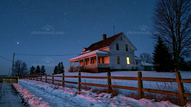 Snowy house under stars with visible porch and warm light