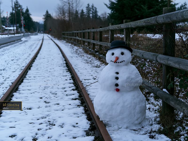 Snowman beside a wooden fence near a snowy train track