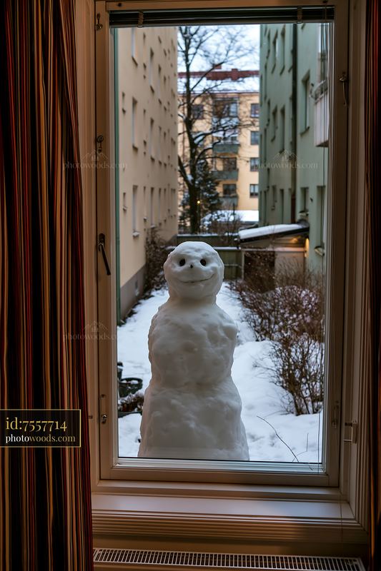 Snowman seen through a window in a winter setting