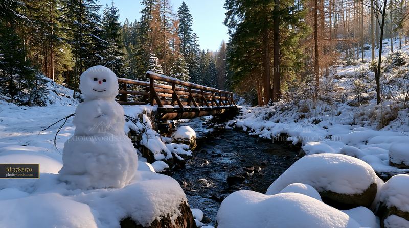 Snowman stands near a wooden bridge by a stream in winter
