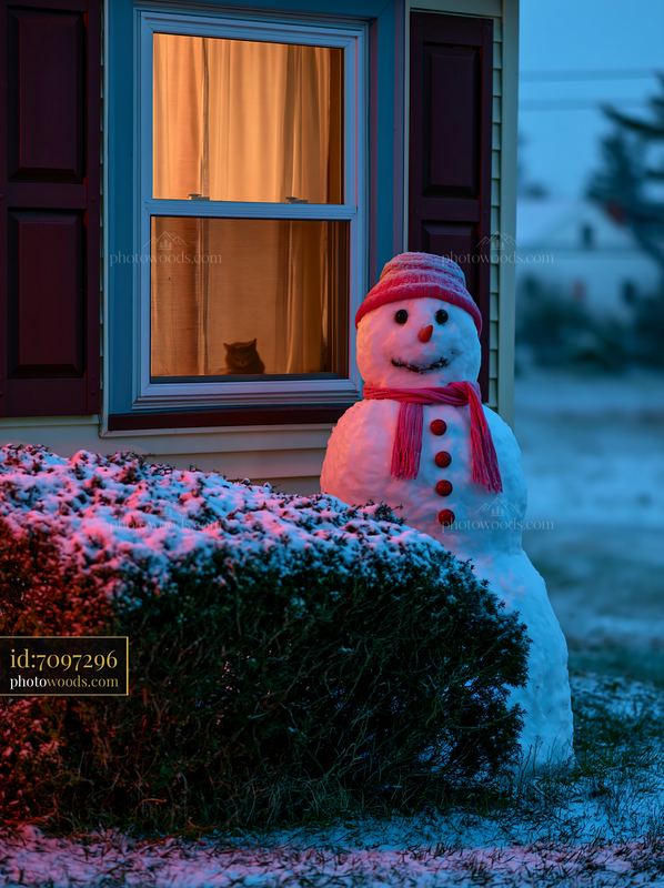 Snowman stands outside a cottage window with a cat inside