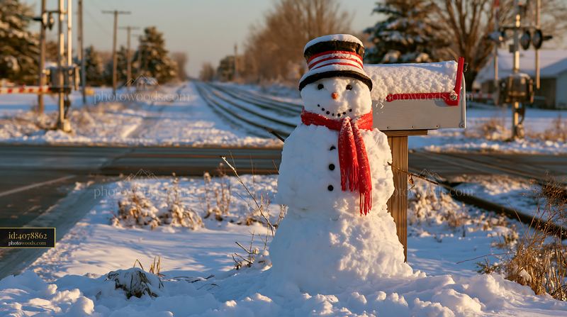 Snowman beside a snow-covered mailbox in a winter setting