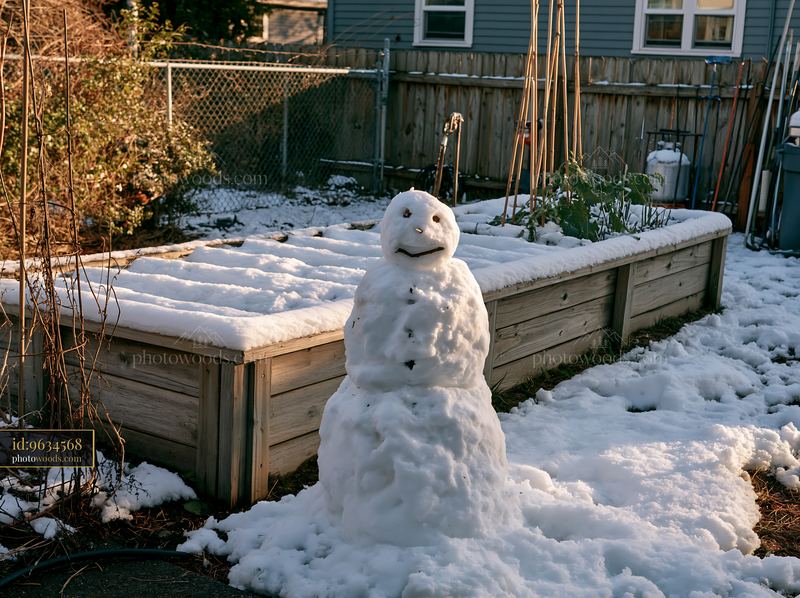Snowman standing in a snowy backyard garden