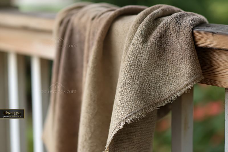 Soft fabric texture with faded blotches on a wooden railing