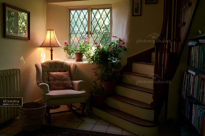 Cozy reading corner in cottage with plants and soft lighting