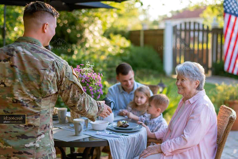 Soldier greets family during a homecoming gathering
