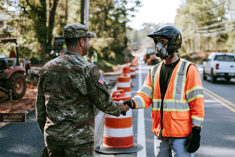 Soldier shaking hands with a construction worker at a road site