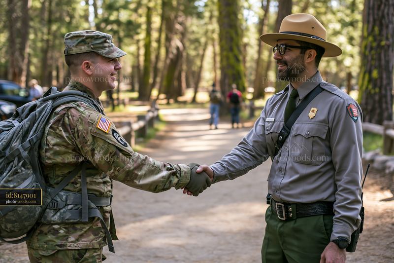 Soldier shaking hands with park ranger in a forest setting