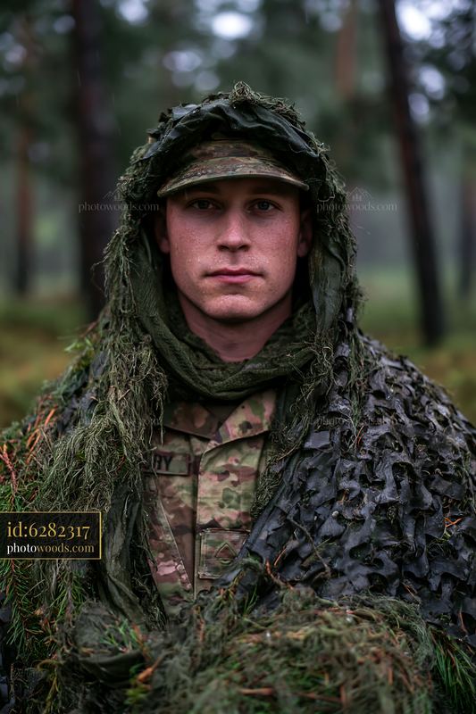 Soldier under camouflage netting in a dense forest