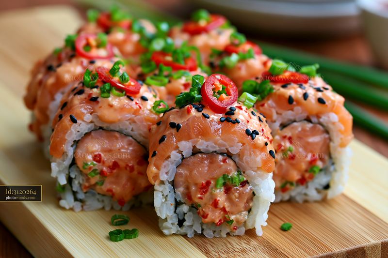 Spicy salmon sushi roll with chili served on wooden board