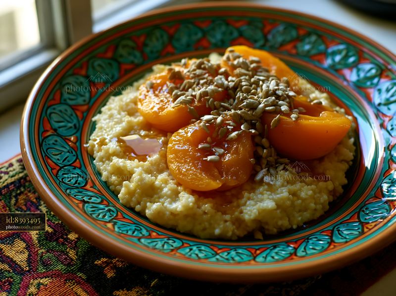 Colorful spring breakfast plate with oatmeal and fruit