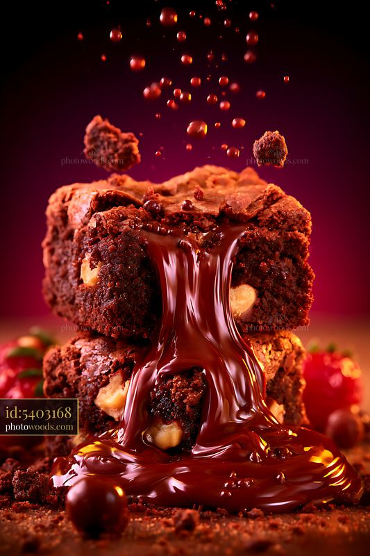 Brownie with melting chocolate and fresh strawberries
