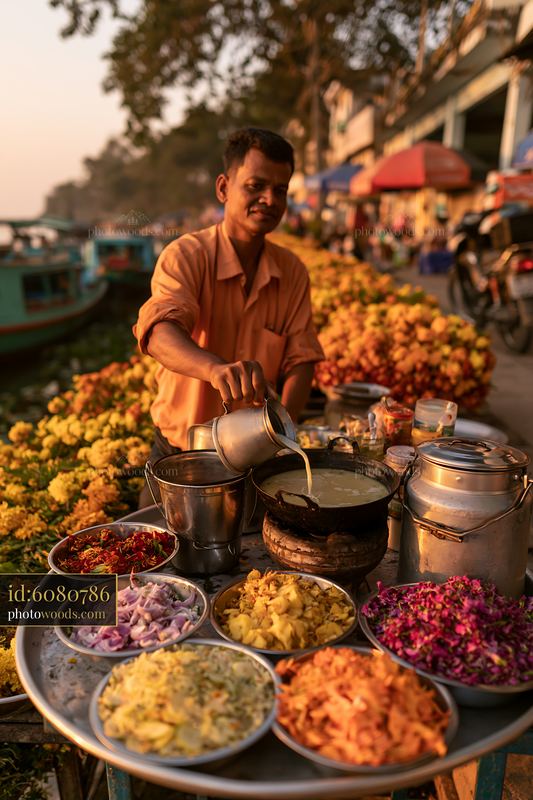 Street food vendor adding milk to tea by the riverside