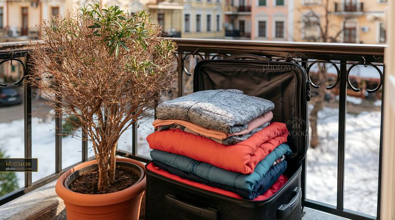Holiday travel suitcase with clothes beside a small tree on balcony