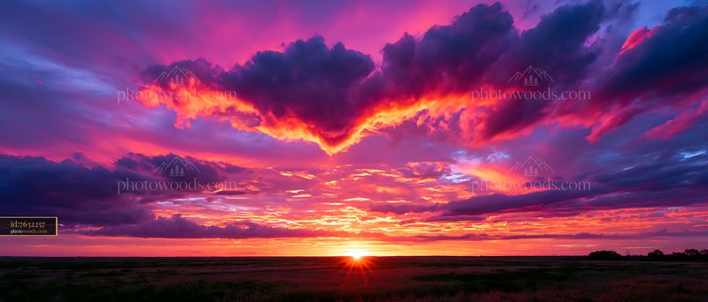 Vibrant sunset creates colorful sky over open landscape