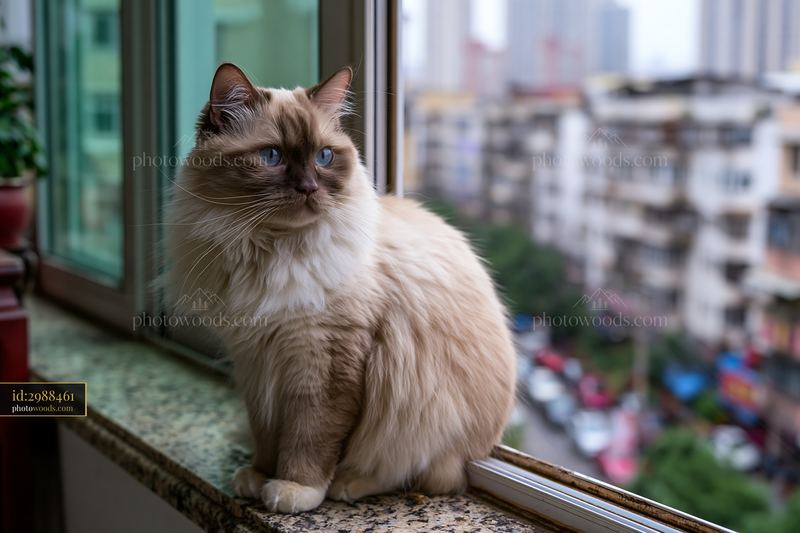 Suphalak cat portrait by the window with city view
