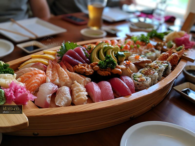 Sushi boat platter at restaurant showcasing assorted sushi varieties
