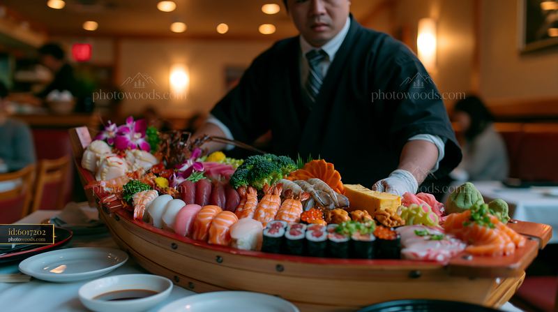 Sushi boat with assorted seafood served at a restaurant