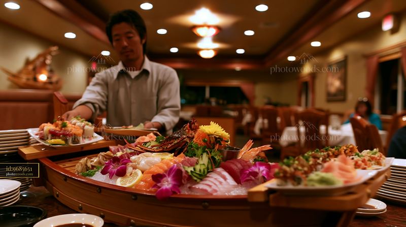 Sushi boat displays a variety of seafood in a restaurant setting