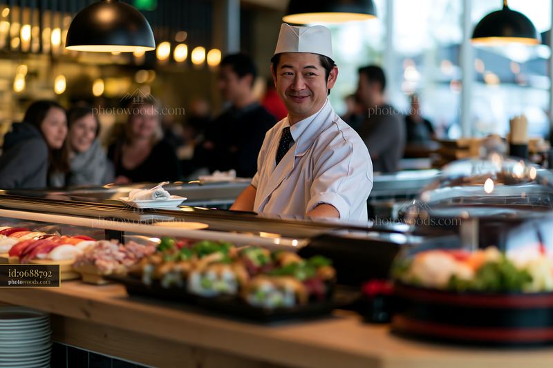 Sushi chef greets diners at a bustling restaurant counter