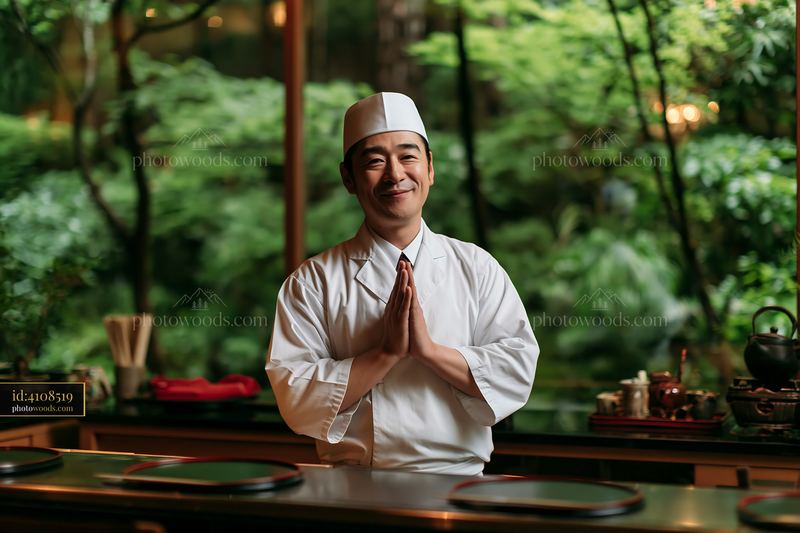 Sushi chef greets diners in a Japanese restaurant
