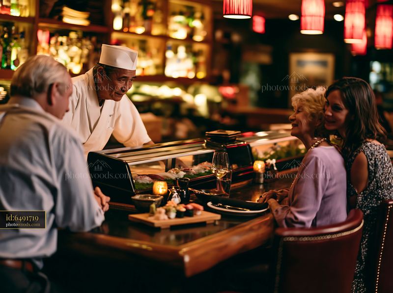 Sushi chef greets diners at a restaurant counter